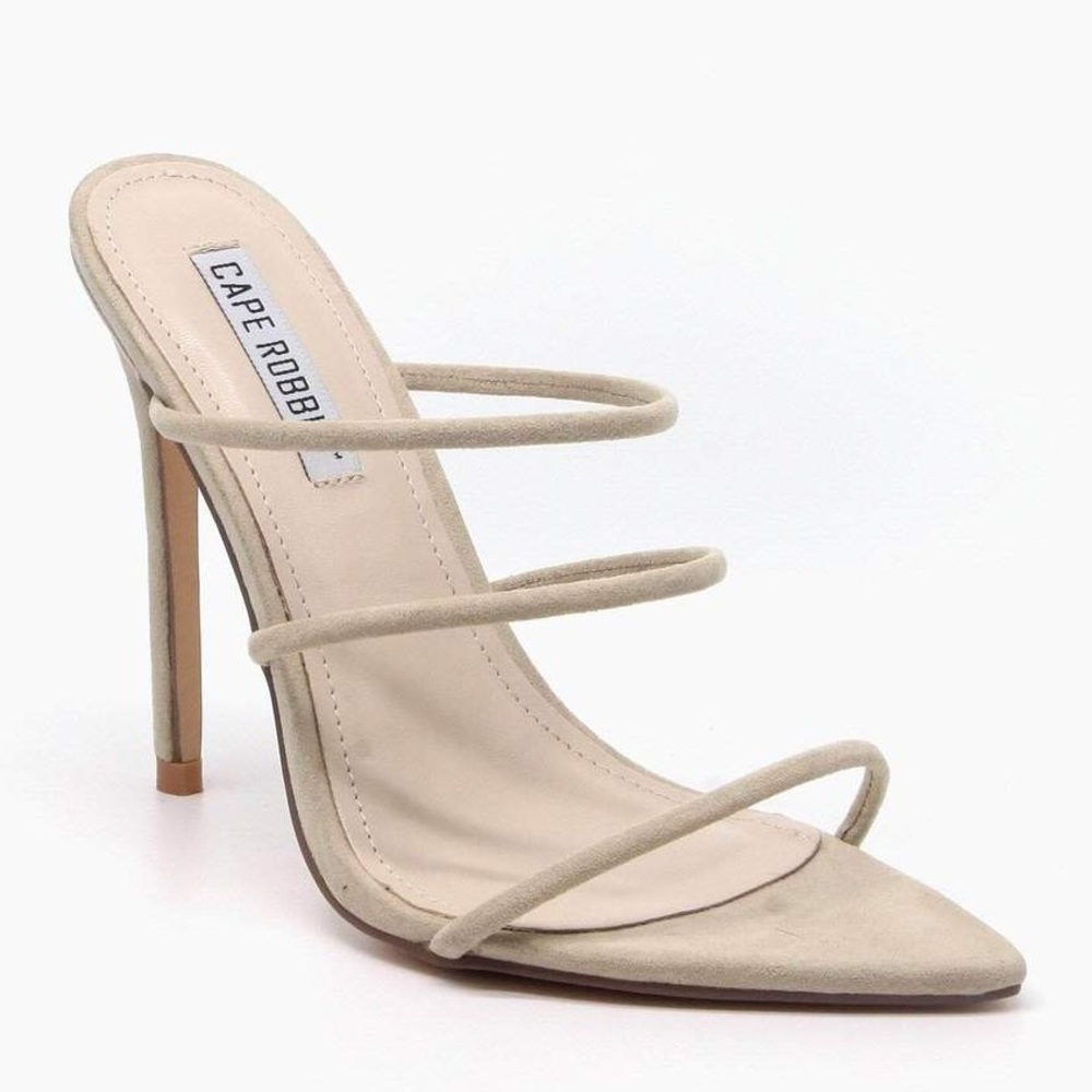 💛 3 Strap Stiletto Sexy Mules Heels Nude Taupe - Picture 3 of 4
